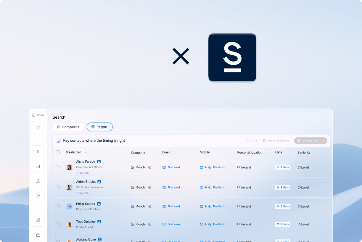 Hero graphic showing a Surfe and LinkedIn integration above a product screenshot of a people search results table