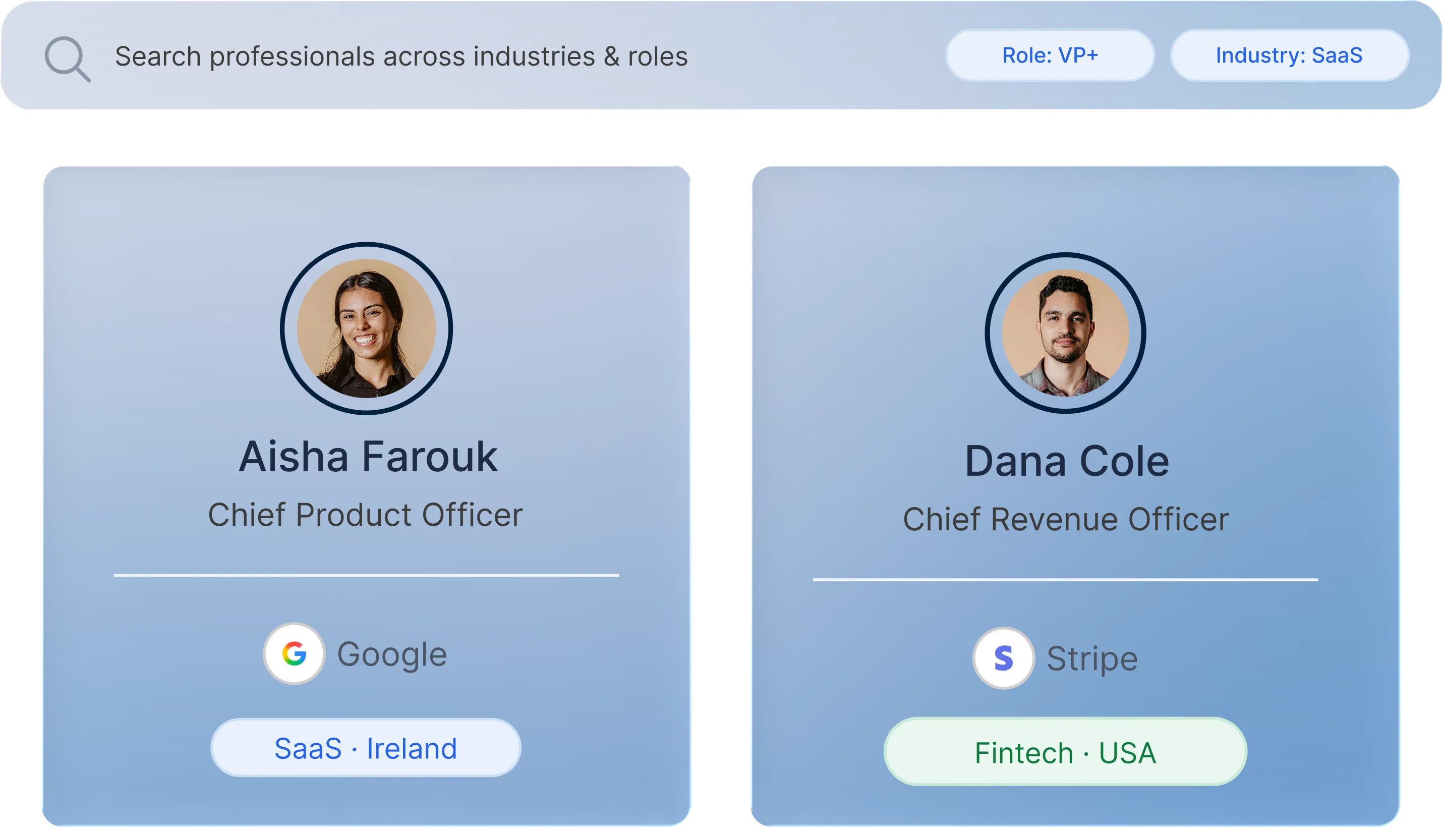 Product screenshot showing search results for professionals across industries and roles, including executives from Google and Stripe.