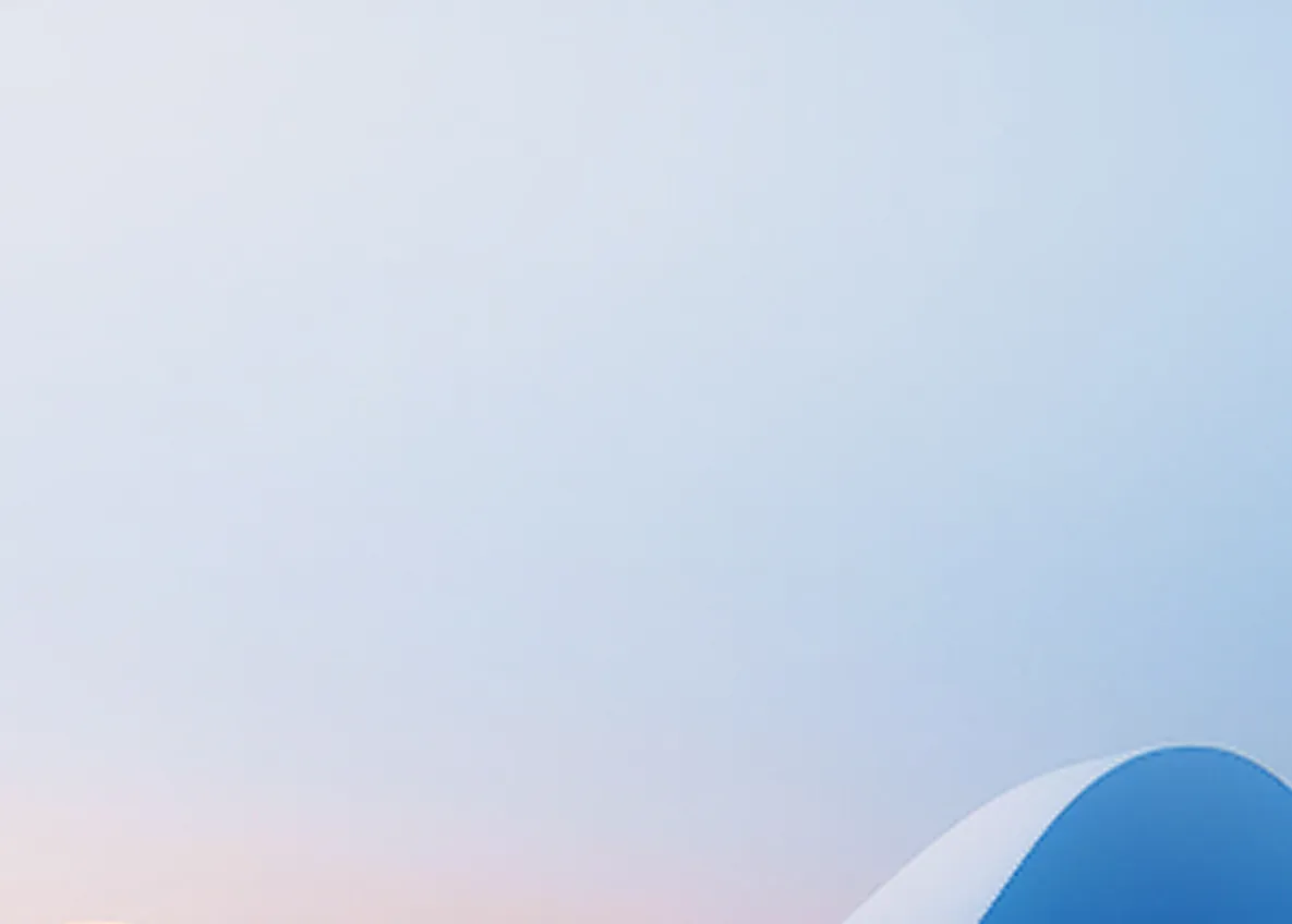 Soft pastel blue and pink gradient background with a white and blue wave shape in the corner.