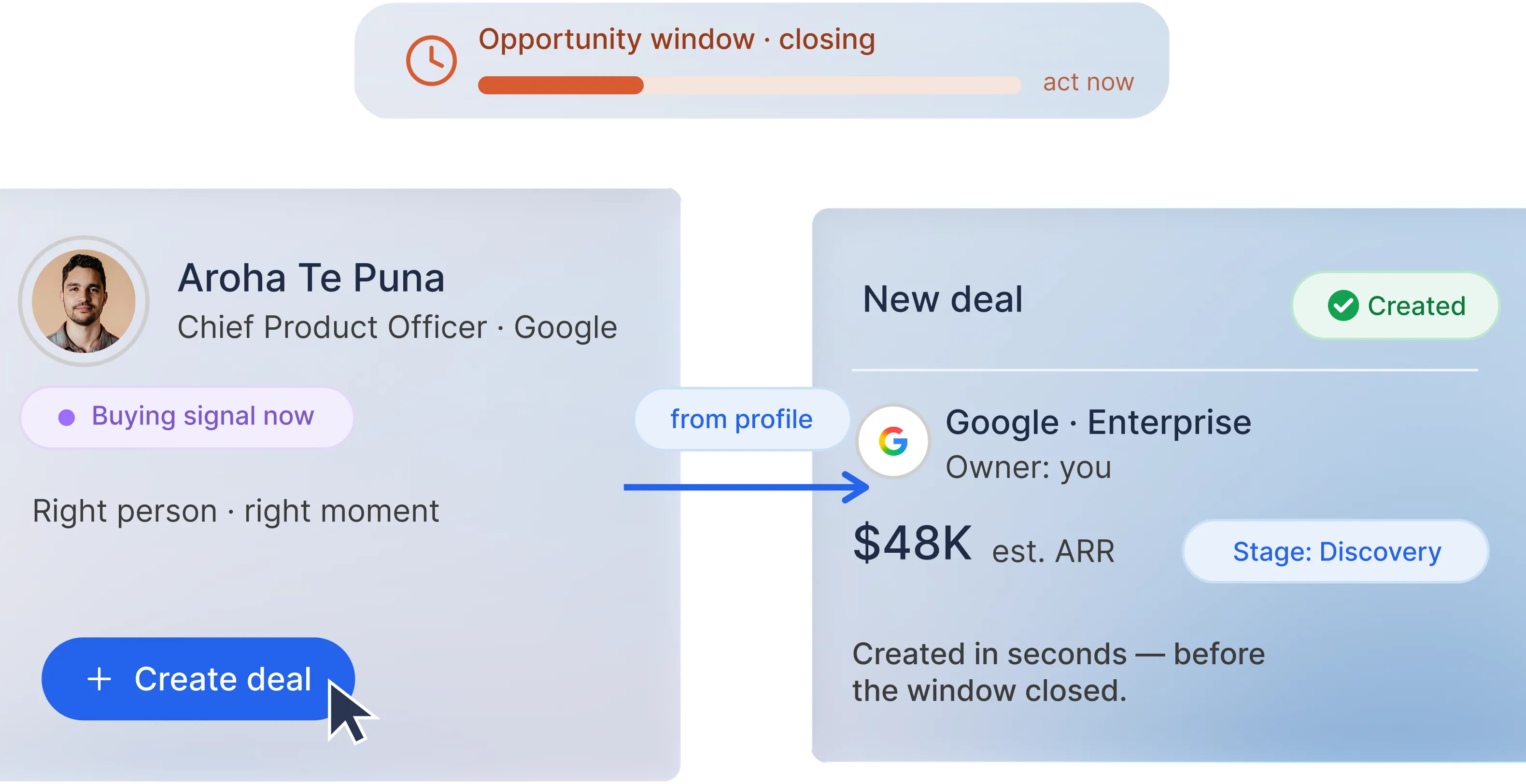 Product screenshot showing a new deal created from a buying signal alert before an opportunity window closes.