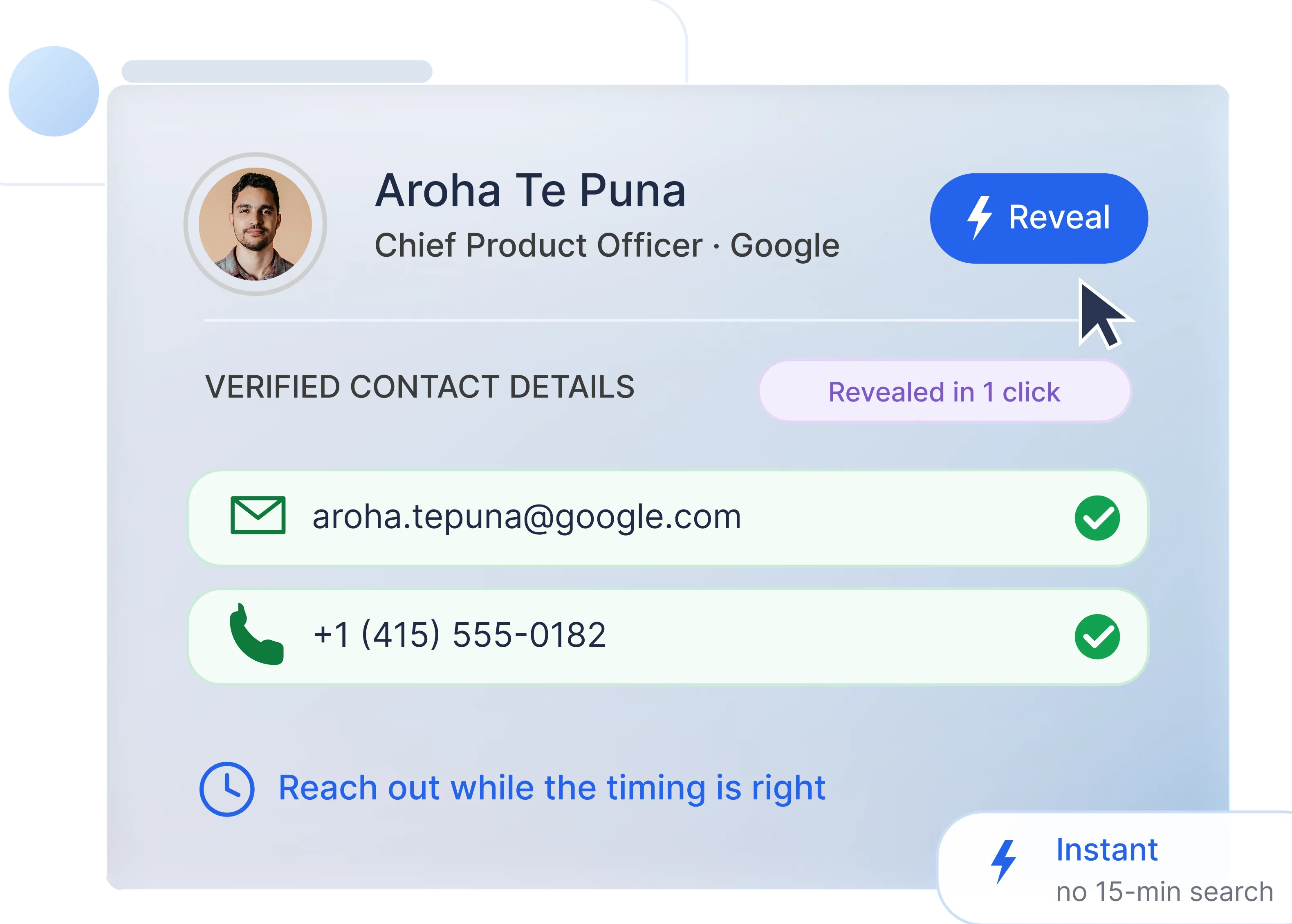 Product screenshot showing a Reveal button uncovering a verified email and phone number for a contact in one click.