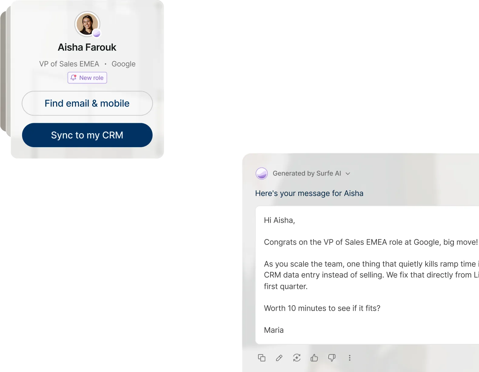 Product screenshot showing a contact card for Aisha Farouk with a 'Sync to my CRM' button next to an AI-generated outreach message drafted by Surfe AI.
