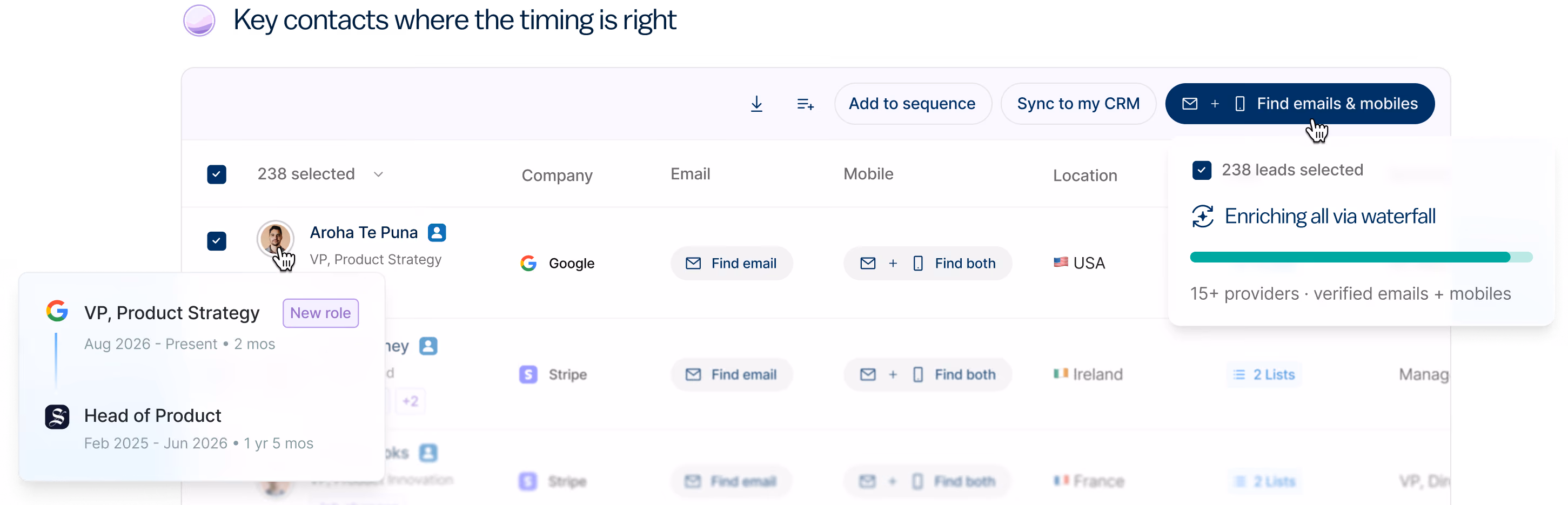 Product screenshot of a contact profile with a task panel for scheduling calls and meetings.