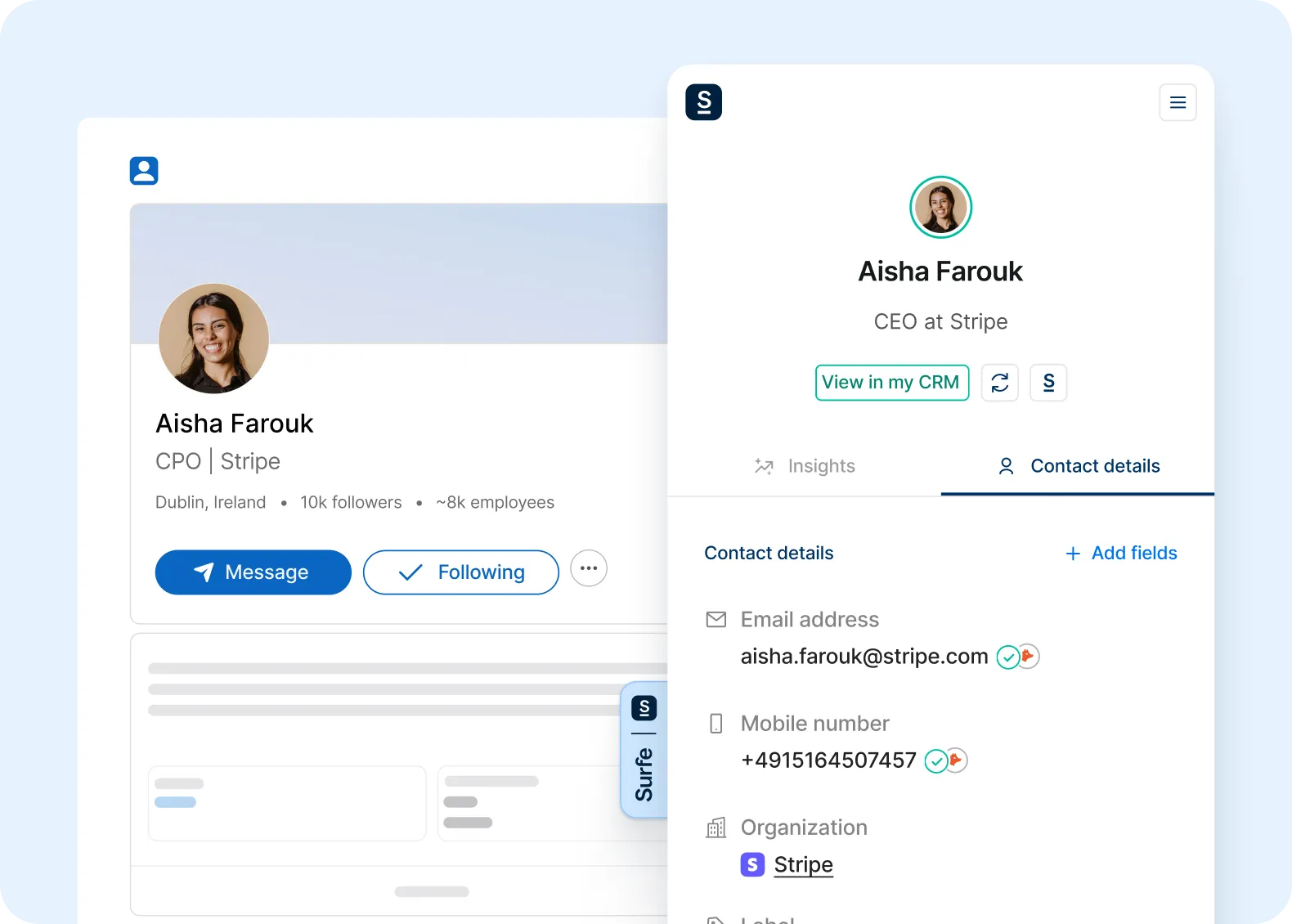 Screenshot of a CRM side panel showing an enriched LinkedIn contact profile with verified email and phone number for a CEO