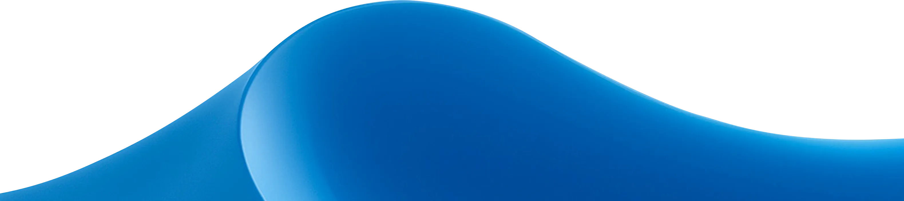 Abstract blue wave-shaped graphic overlay on a white background.