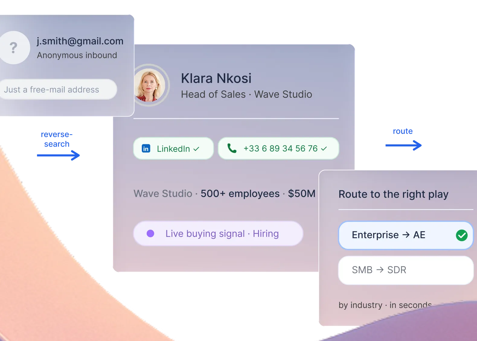 Product screenshot showing an anonymous inbound lead reverse-searched into a contact profile and routed to the right sales play by segment.