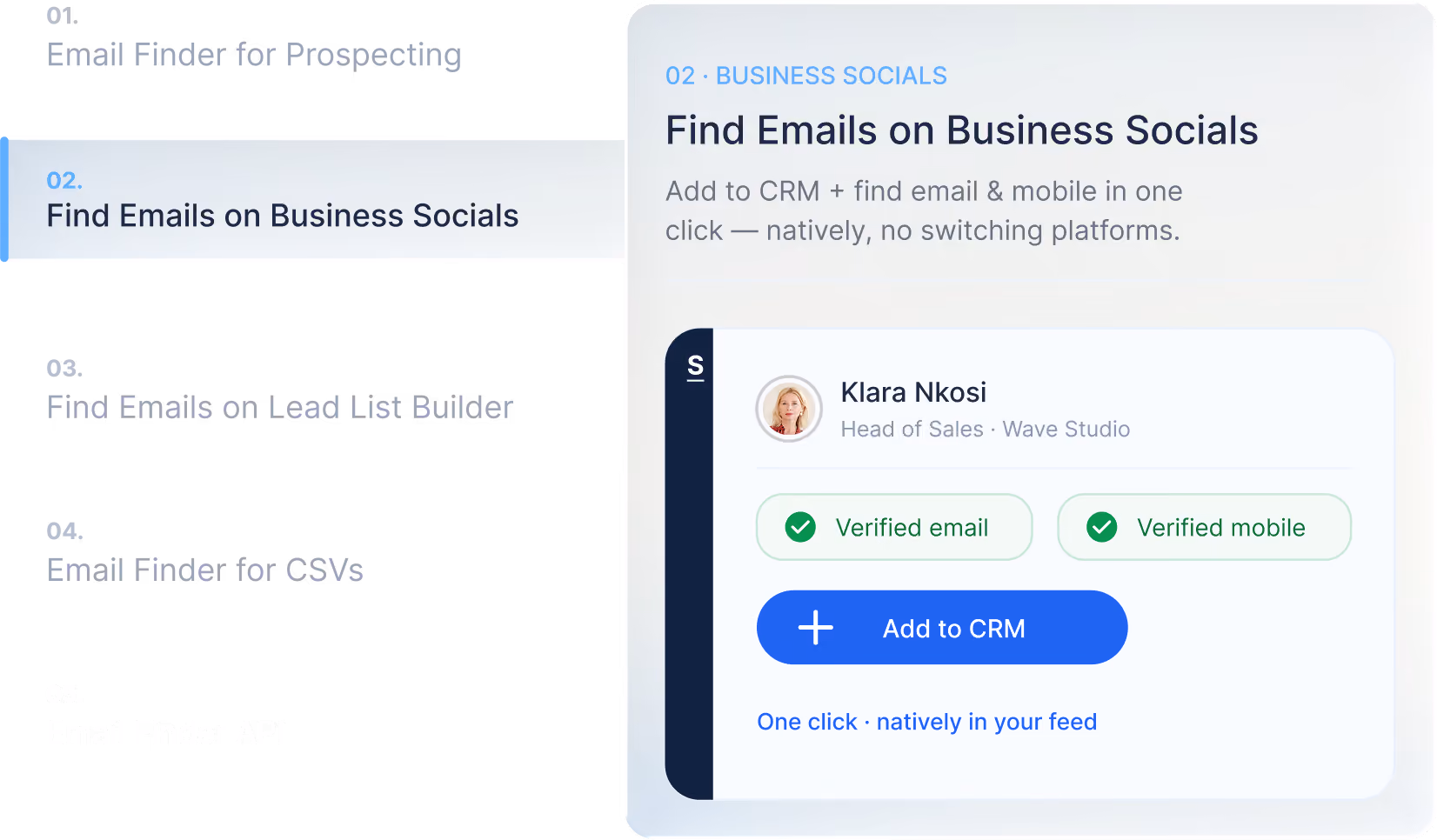 Product screenshot of the Find Emails on Business Socials tab, showing a verified contact with an Add to CRM button.