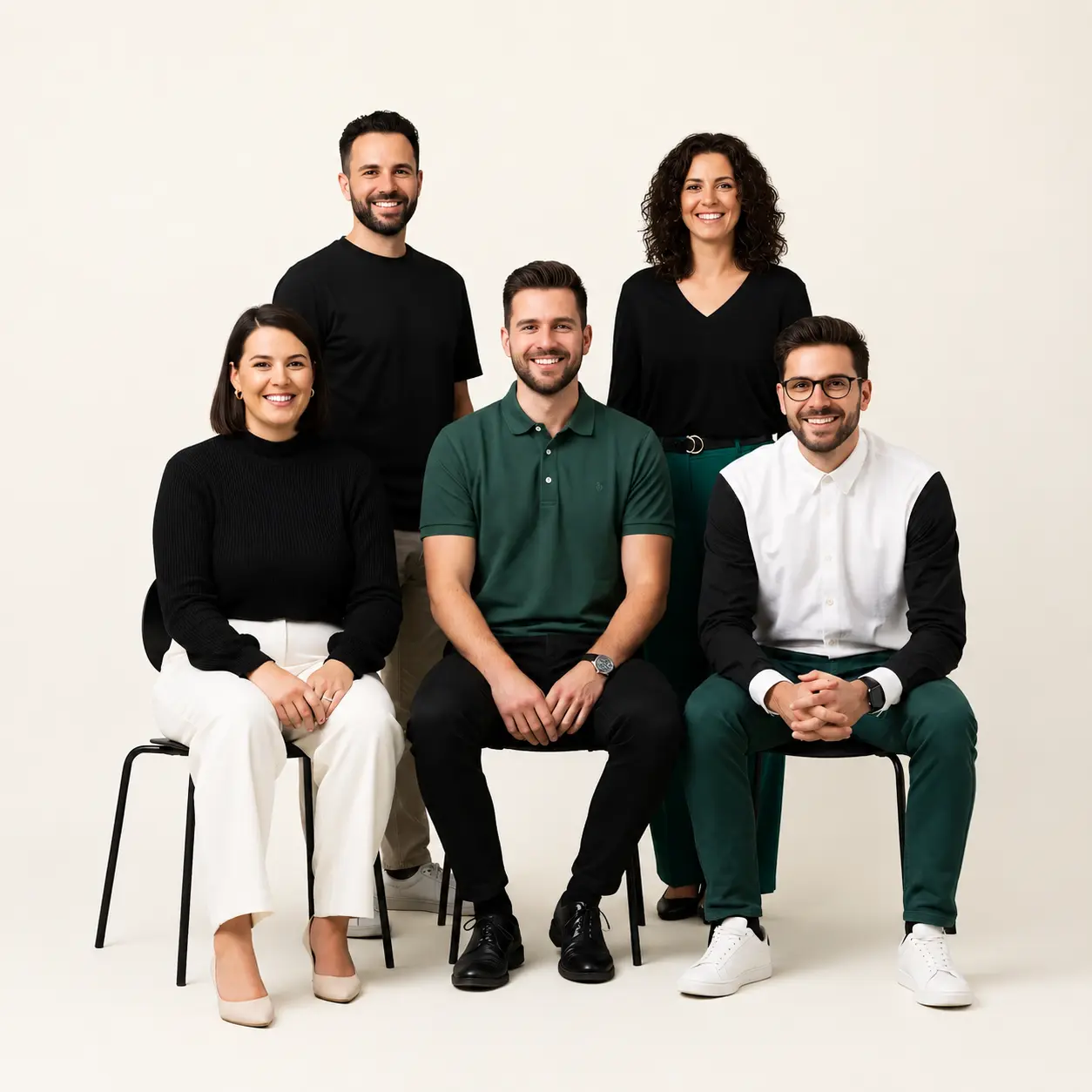Group of five diverse young adults smiling, three seated and two standing, against a plain background.