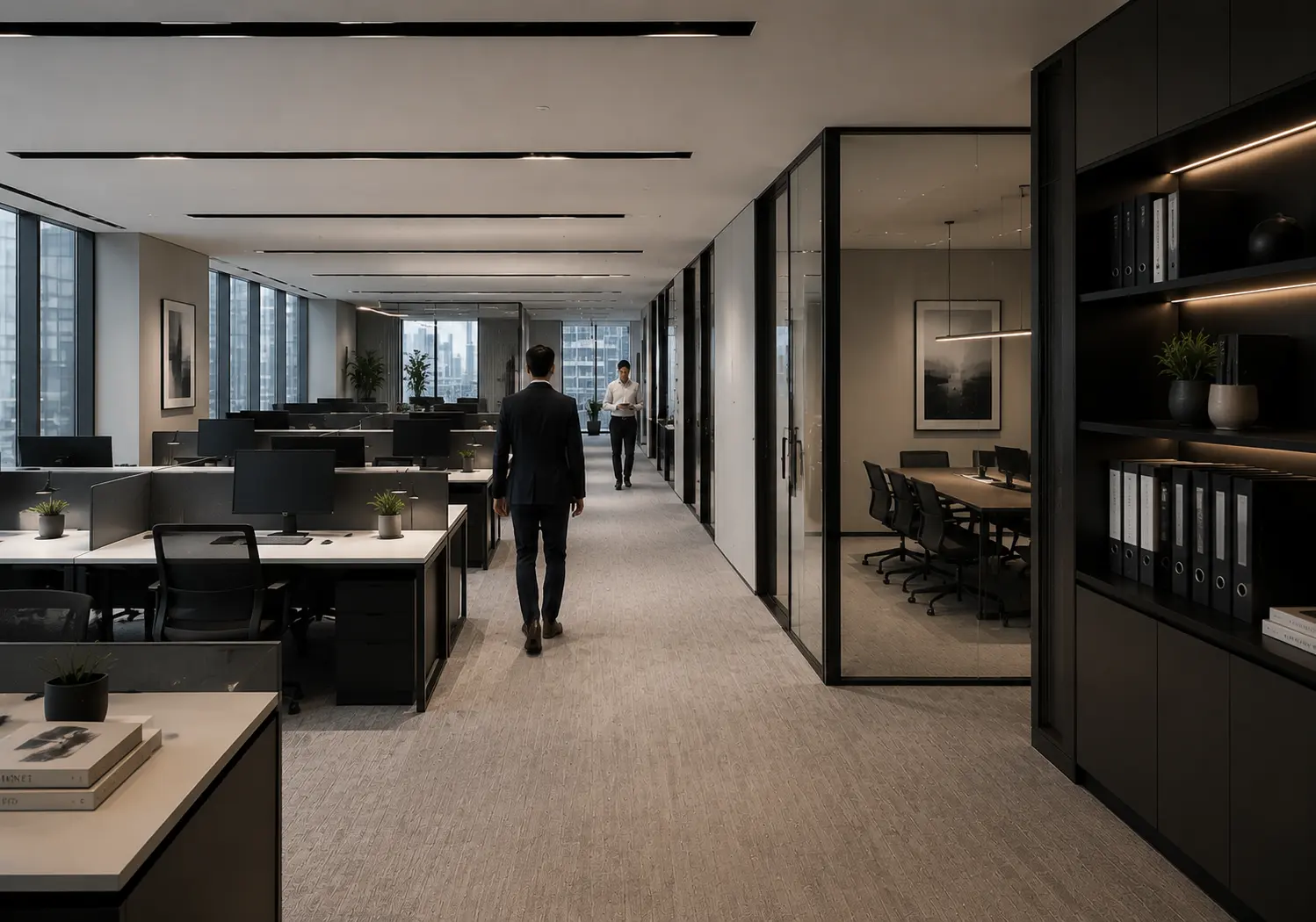 Modern office space with workstations on the left and a glass-walled conference room on the right.