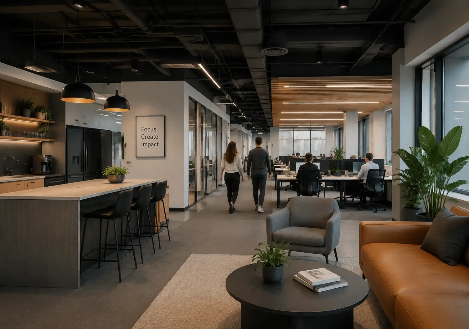 Modern office with a kitchen island, seating area, people walking, and workstations by large windows.