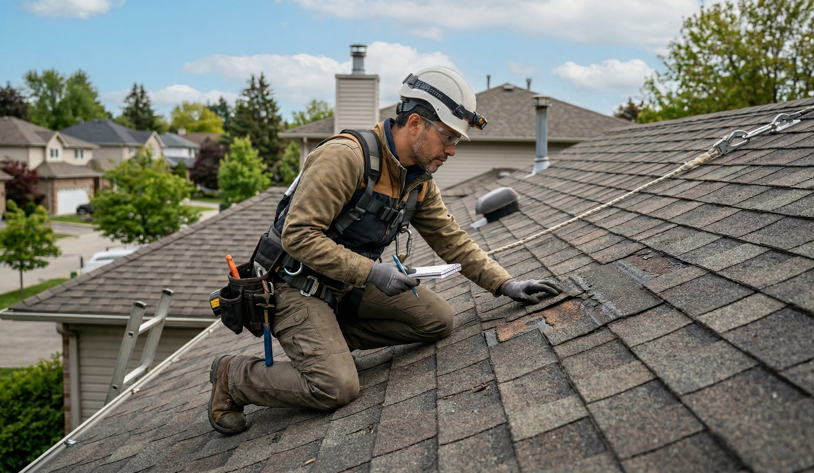 Roofer inspecting a roof