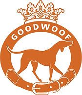 Orange silhouette of a dog walking, encircled by a dog collar and crown. Text reads "GOODWOOF." Simple and bold design.