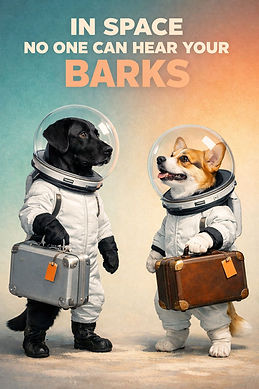 Two dogs in spacesuits hold suitcases against a blue-yellow gradient background. Text: "In space no one can hear your barks."