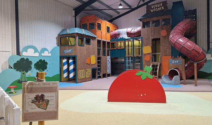 Indoor playground with a veggie-washer themed structure, slides, and bright colours. Signs read "START" and "EXIT." Cheerful veggie mural.