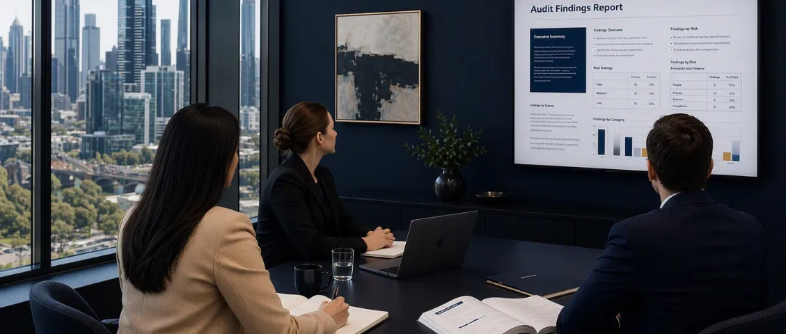 Three professionals in a navy boardroom reviewing  a business process diagram — operational consulting  session overlooking Melbourne CBD