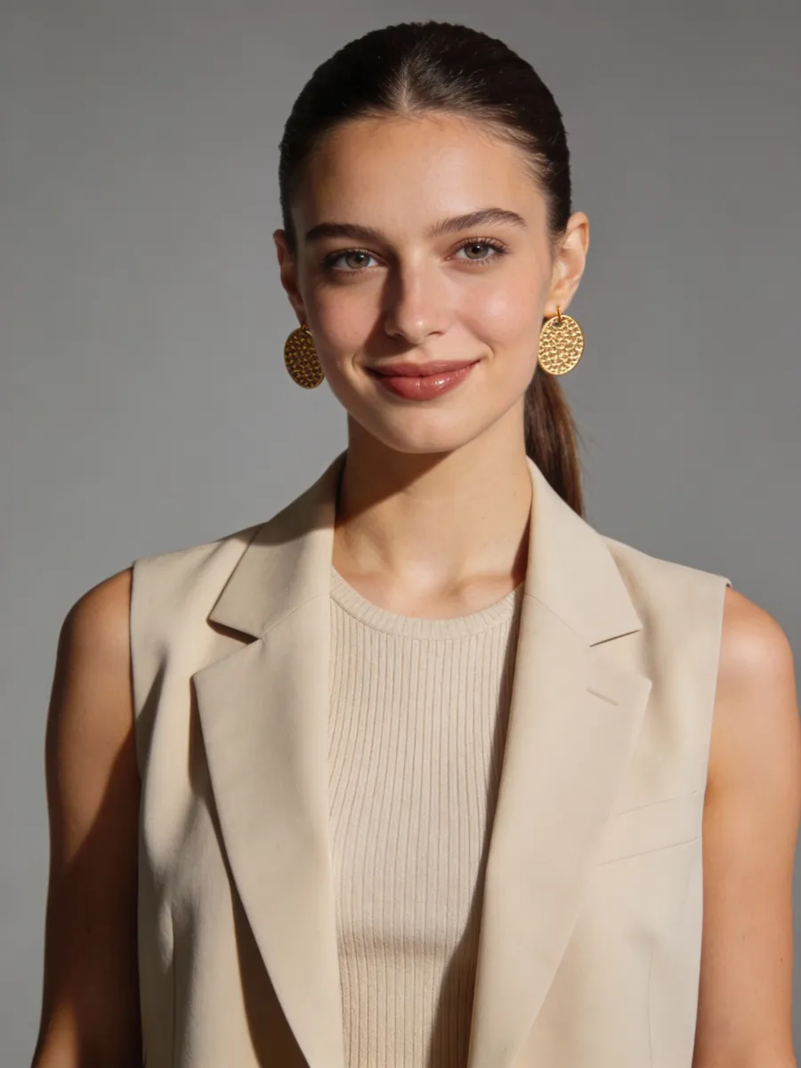 Young woman with slicked-back hair wearing gold earrings and a beige sleeveless blazer smiling at the camera.