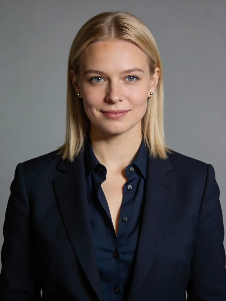 Portrait of a confident blonde woman wearing a dark blazer and shirt against a gray background.