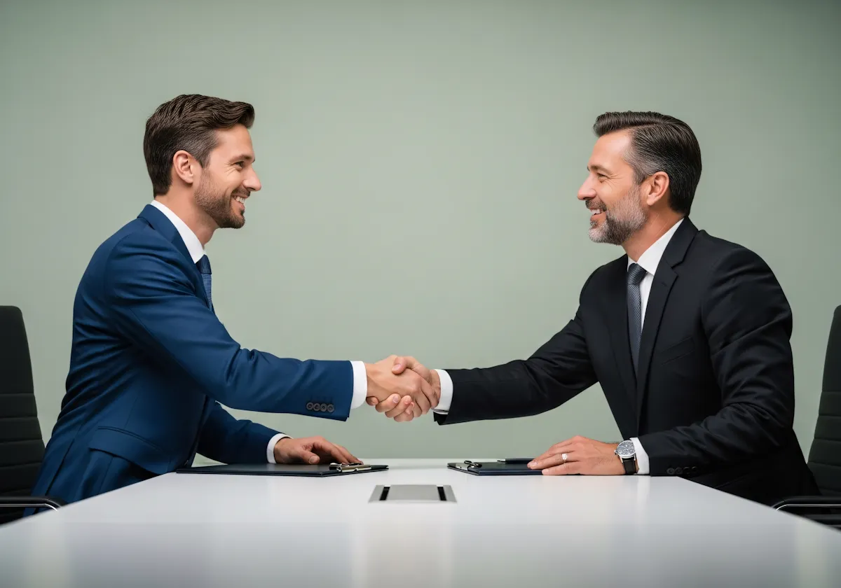 Two businessmen in suits shaking hands across a white table, smiling during a meeting.