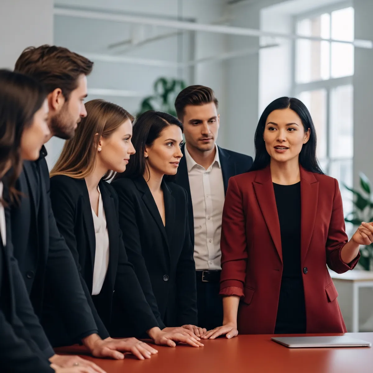 A businesswoman in a red blazer leads a meeting with colleagues standing around a table with a laptop.