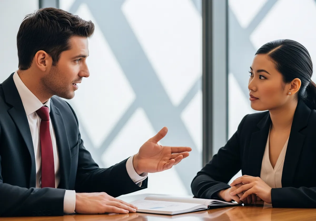 Two business professionals in suits engaged in a discussion over documents at a table.