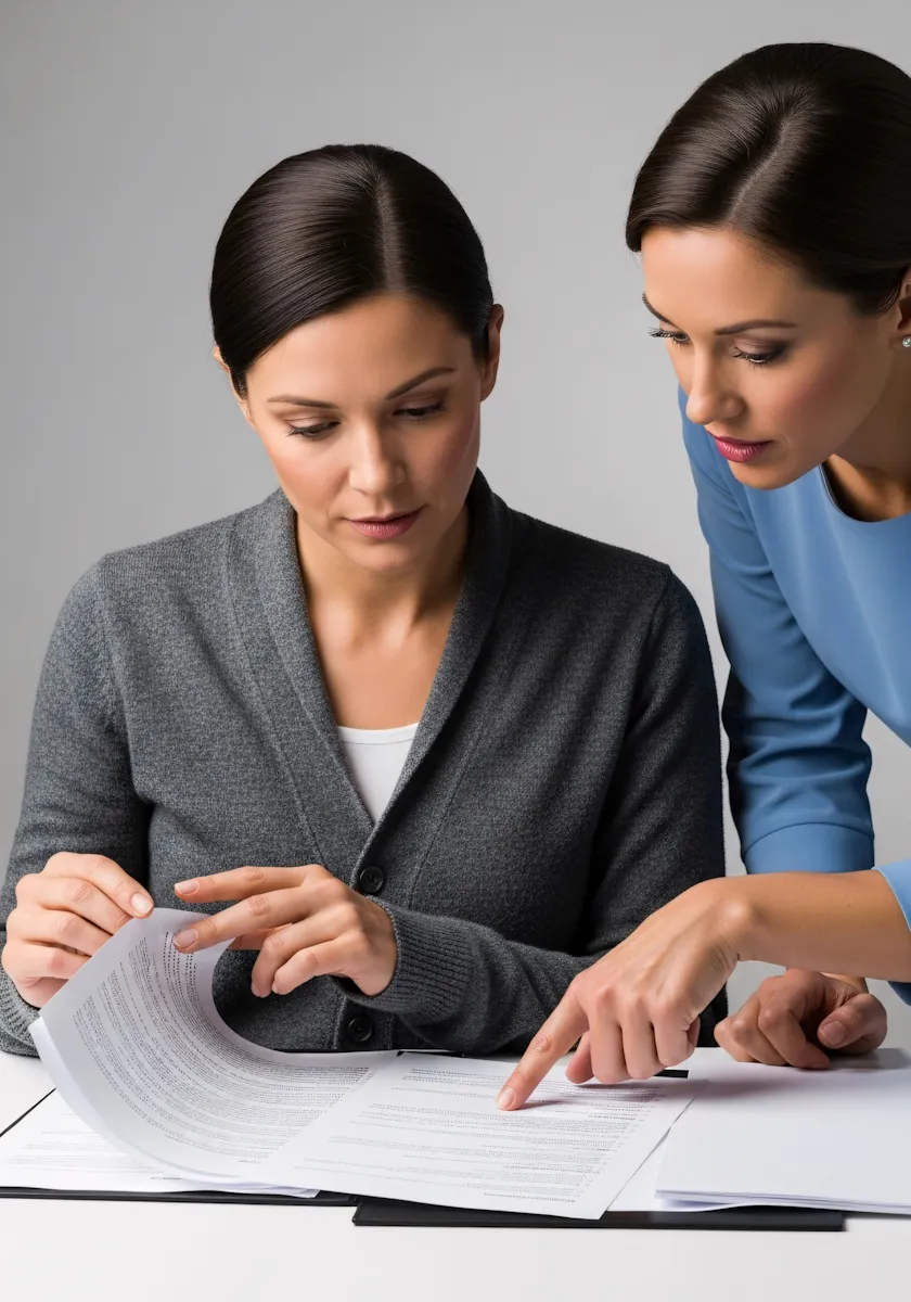 Two women reviewing documents together, one pointing to text while the other flips a page.