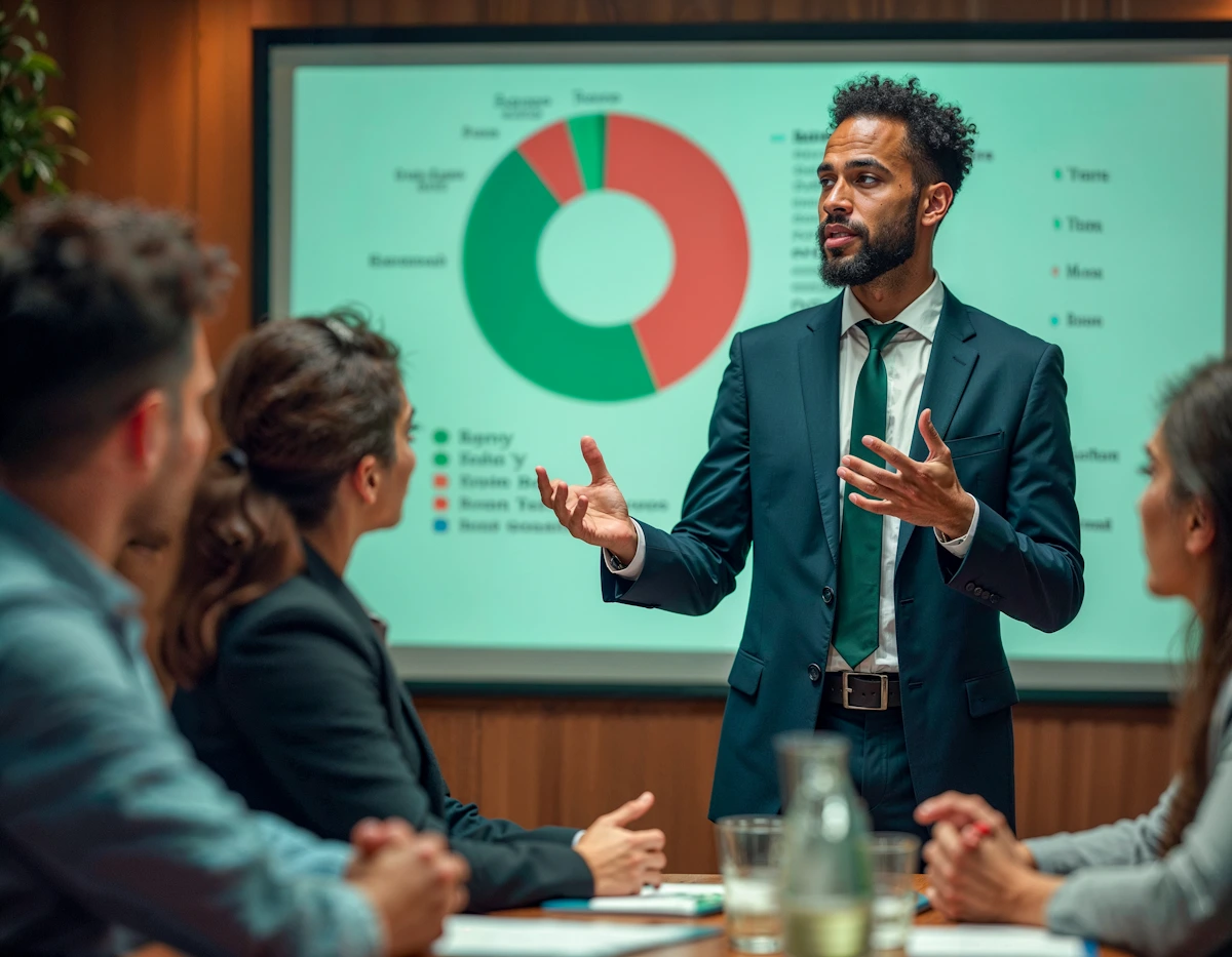 Businessman in a suit giving a presentation to colleagues in a meeting with a pie chart on screen.
