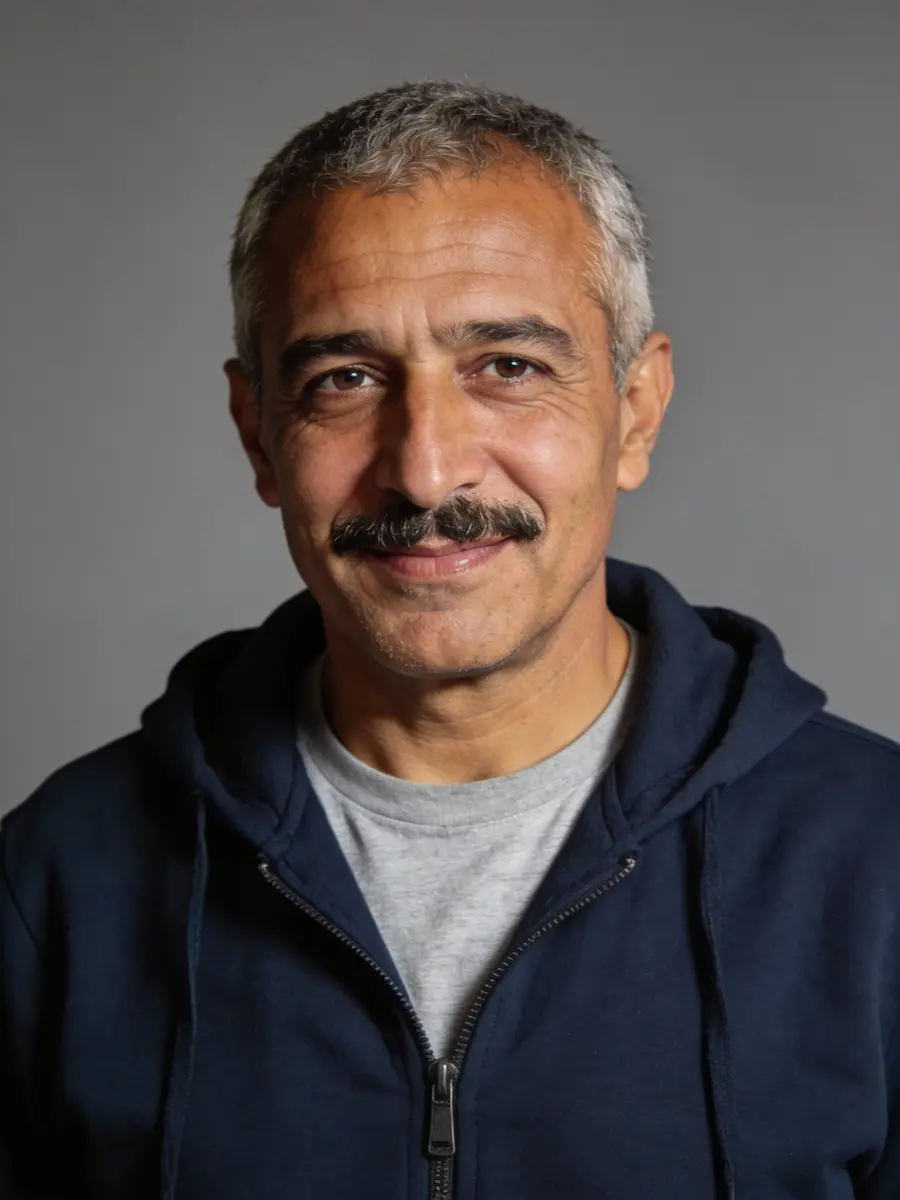 Middle-aged man with gray hair and mustache wearing a navy blue hoodie and gray shirt smiling at camera.