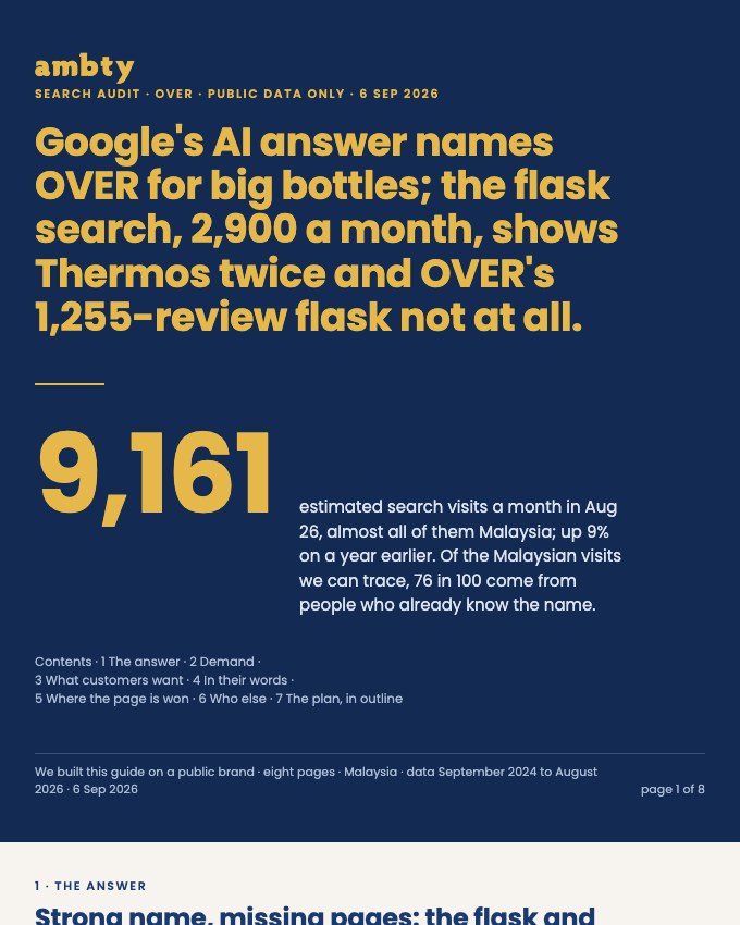 Cover of the sample search audit of OVER, showing the headline finding and 9,161 search visits a month