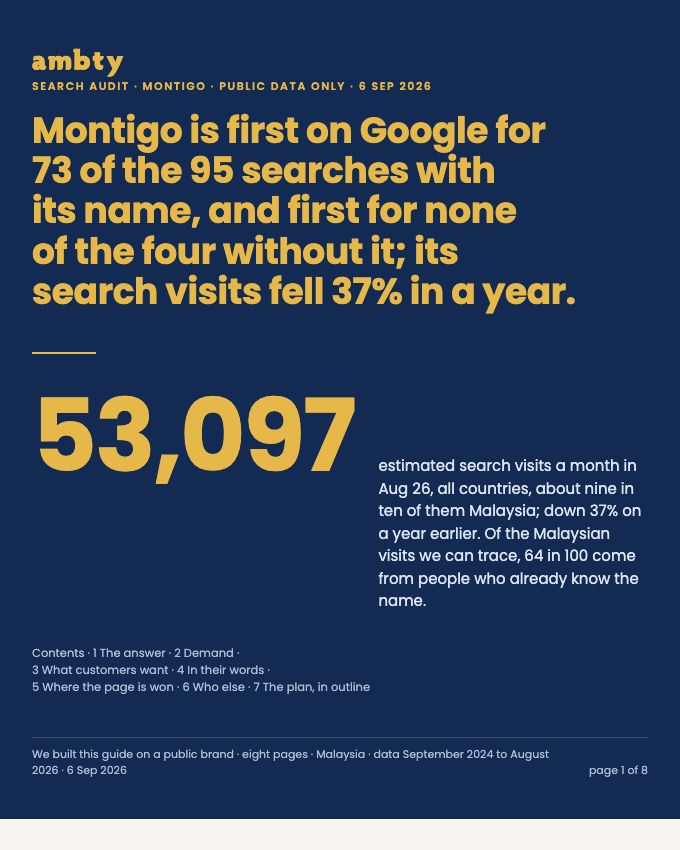 Cover of the sample search audit of Montigo, showing the headline finding and 53,097 search visits a month