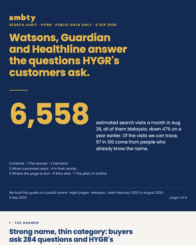 Cover of the sample search audit of HYGR, showing the headline finding and 6,558 search visits a month