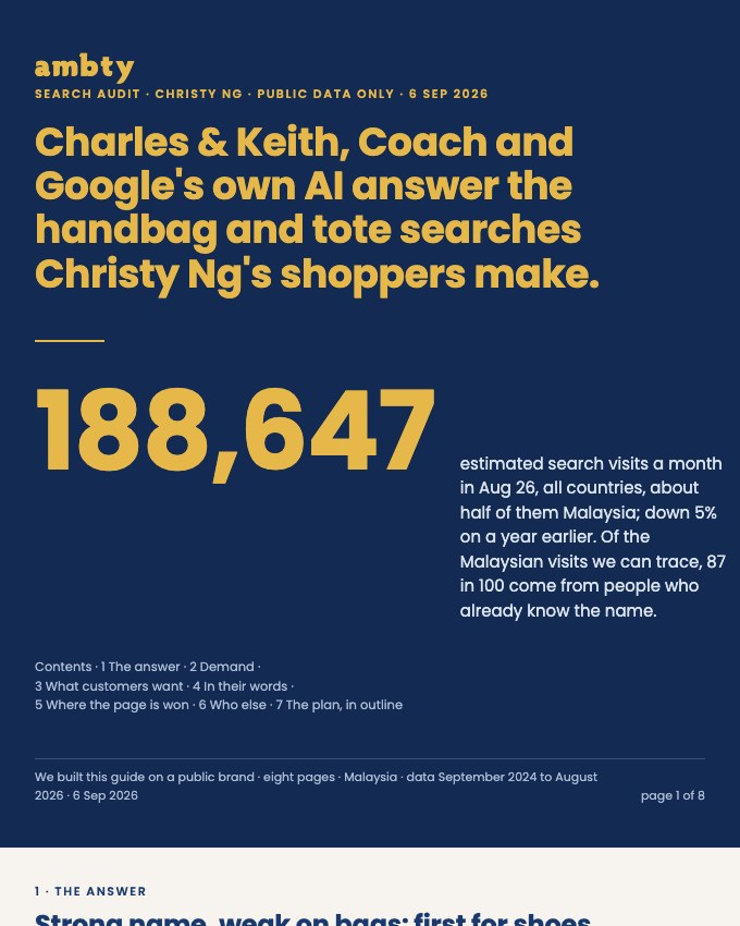 Cover of the sample search audit of Christy Ng, showing the headline finding and 188,647 search visits a month