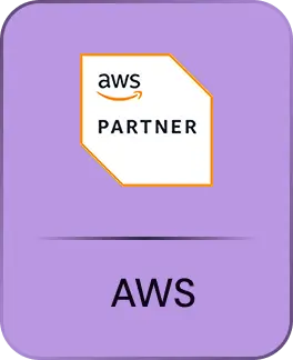 AWS Partner logo with orange outline on a purple background above the text AWS.