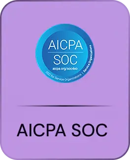 AICPA SOC compliance badge in blue on a purple rounded rectangle background.