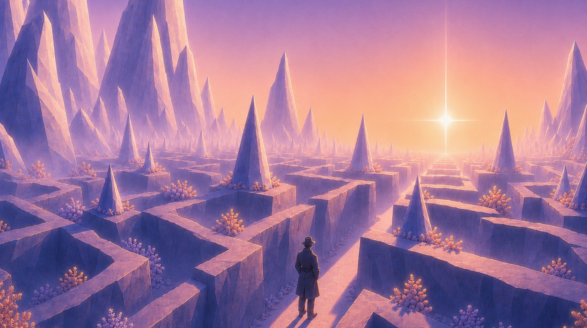 A lone figure before a vast faceted maze beneath a guiding star