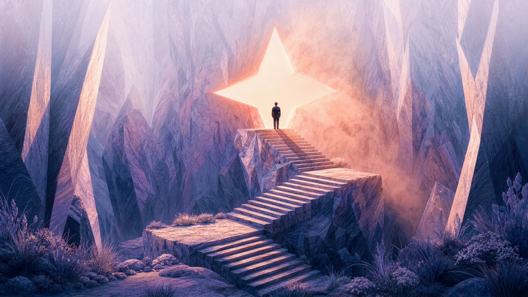 A lone figure climbs stone stairs toward a glowing star-shaped doorway