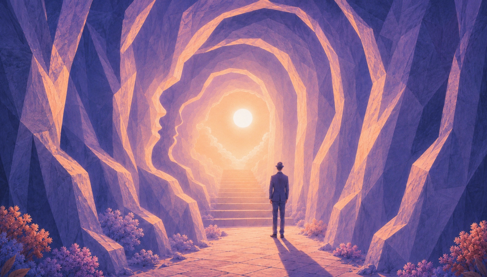 A lone figure stands in a tunnel of carved stone arches that leads toward a bright light