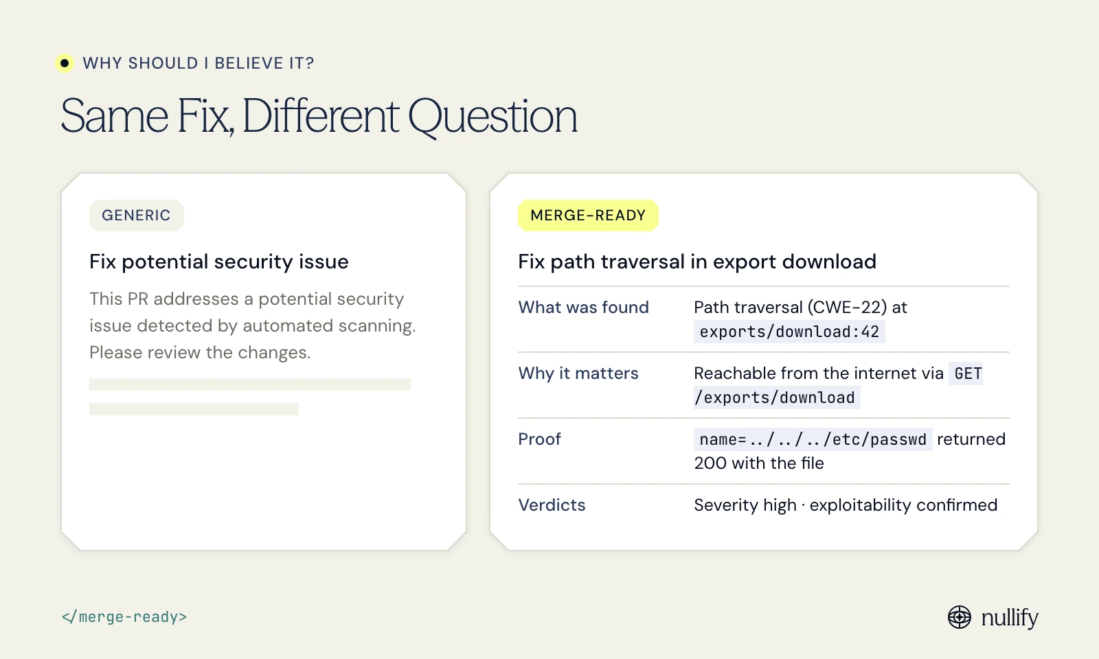 A generic autofix PR description beside a merge-ready one that lists file and line, reachability, proof and severity verdicts