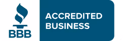 Better Business Bureau accredited business logo with flame symbol and text.