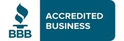 Better Business Bureau accredited business logo with flame symbol and text.