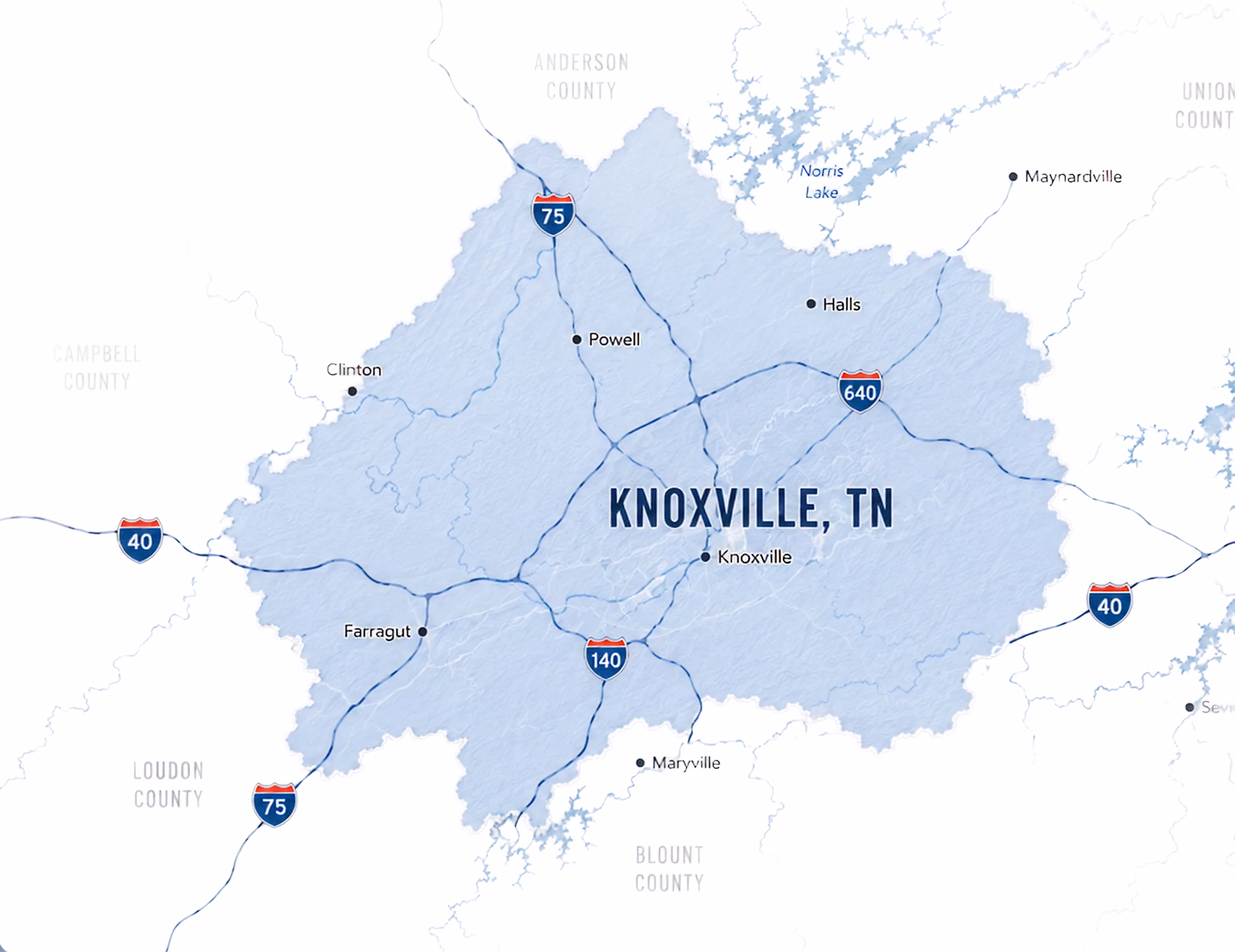 Map showing Knoxville, TN area with highways 40, 75, 640, 140 and nearby towns and counties.