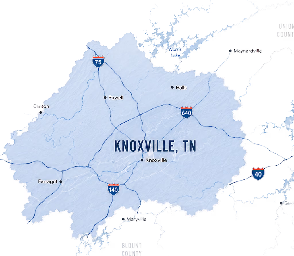 Map showing Knoxville, TN with highways I-75, I-640, I-140, and I-40 and nearby towns.