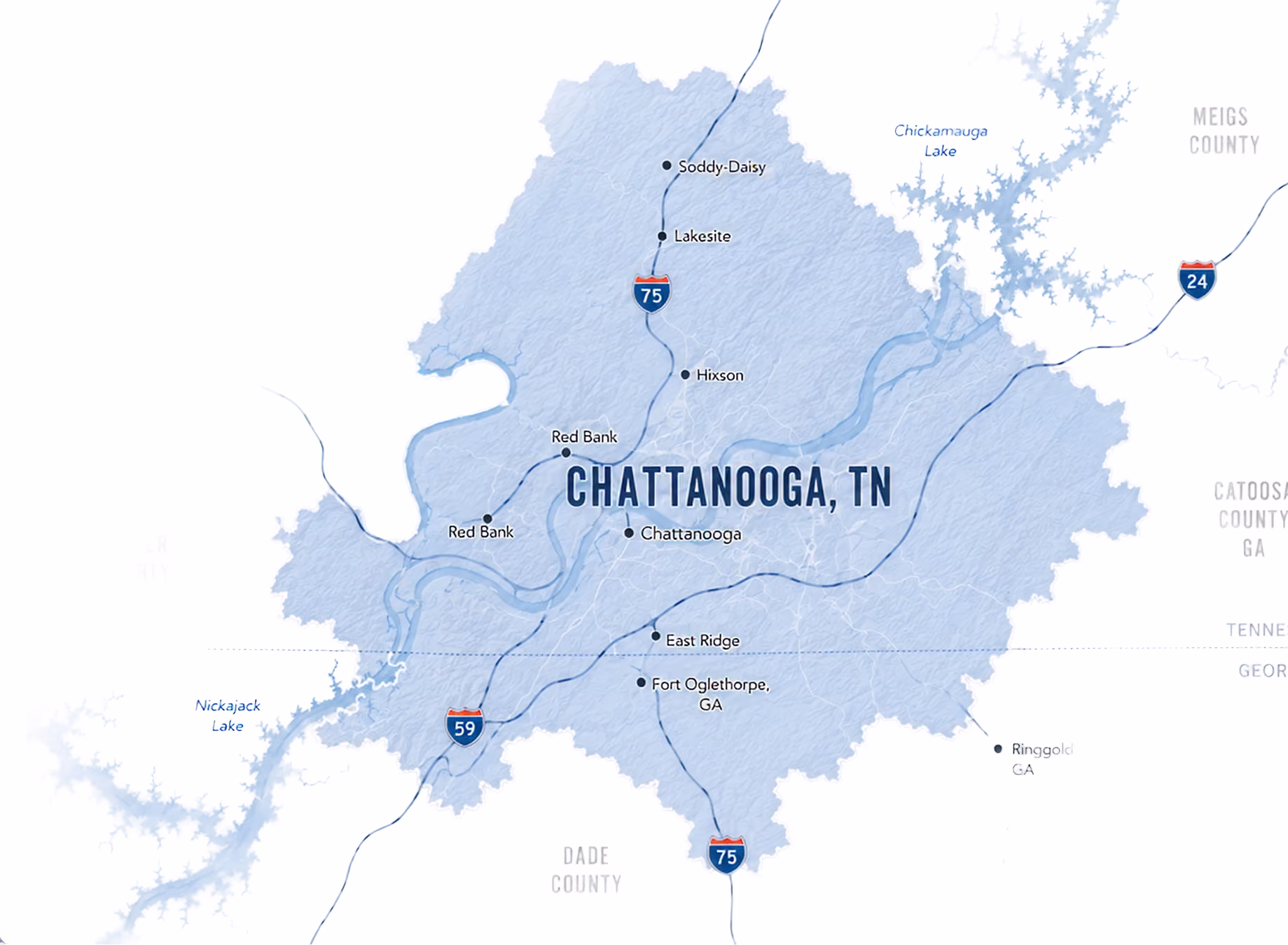 Map highlighting Knoxville, TN area with highways I-75, I-40, I-640, I-140 and nearby towns.