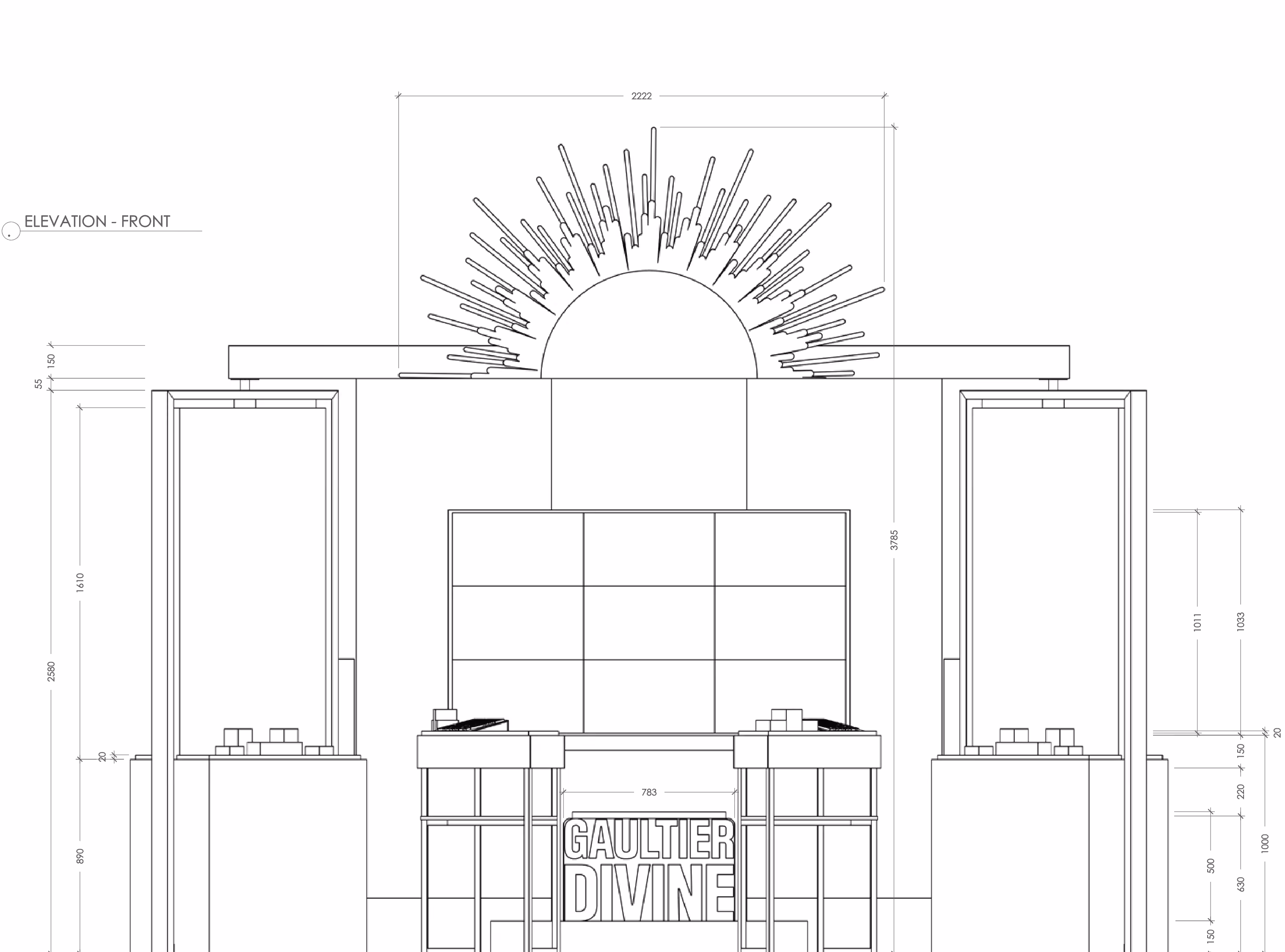 Architectural front elevation drawing with sunburst design and GAULTIER DIVINE text at center bottom.