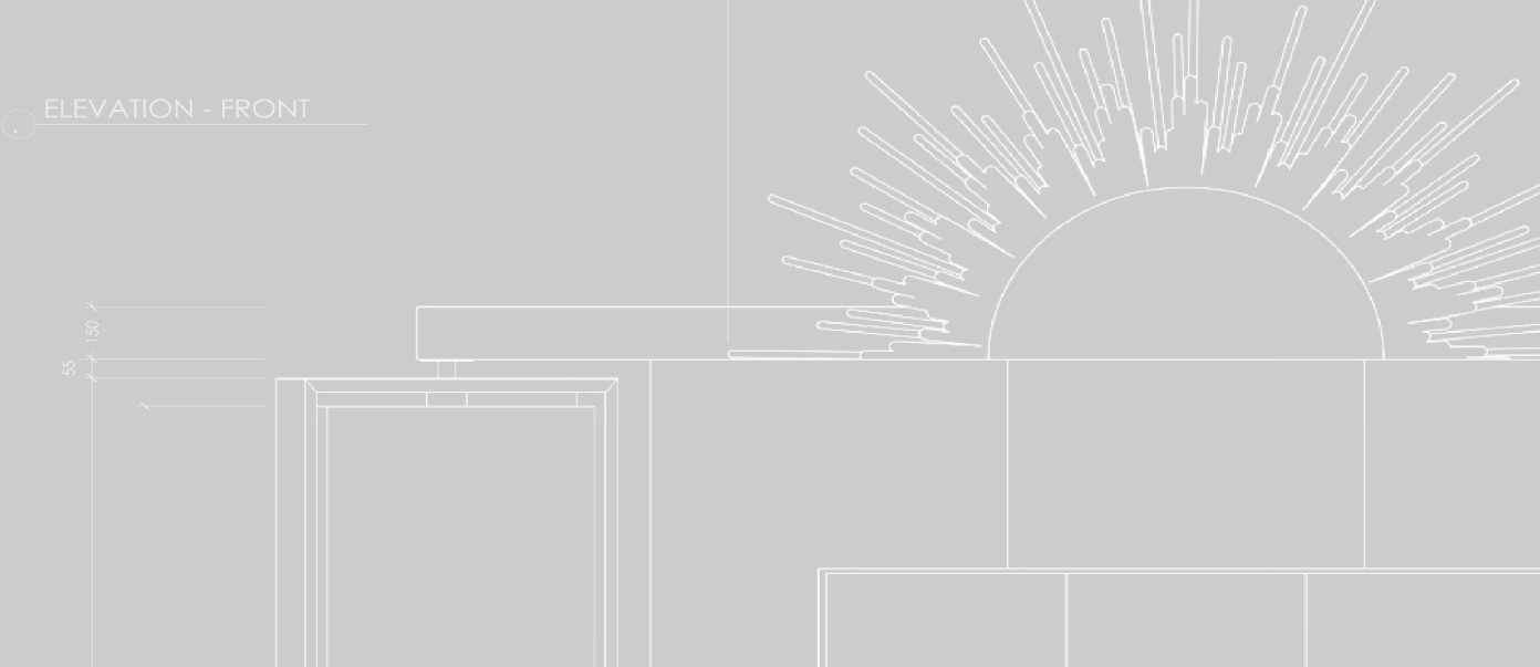 Architectural front elevation drawing with dimensions and a sunburst design above the structure.