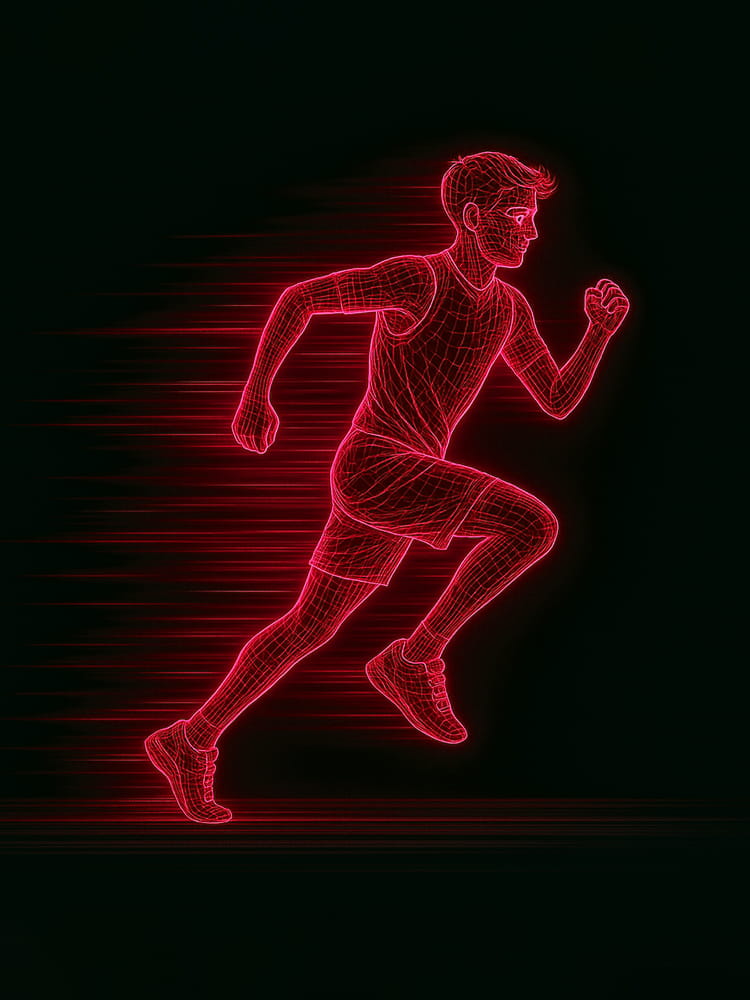 A neon wireframe illustration of a young male athlete performing a speed test