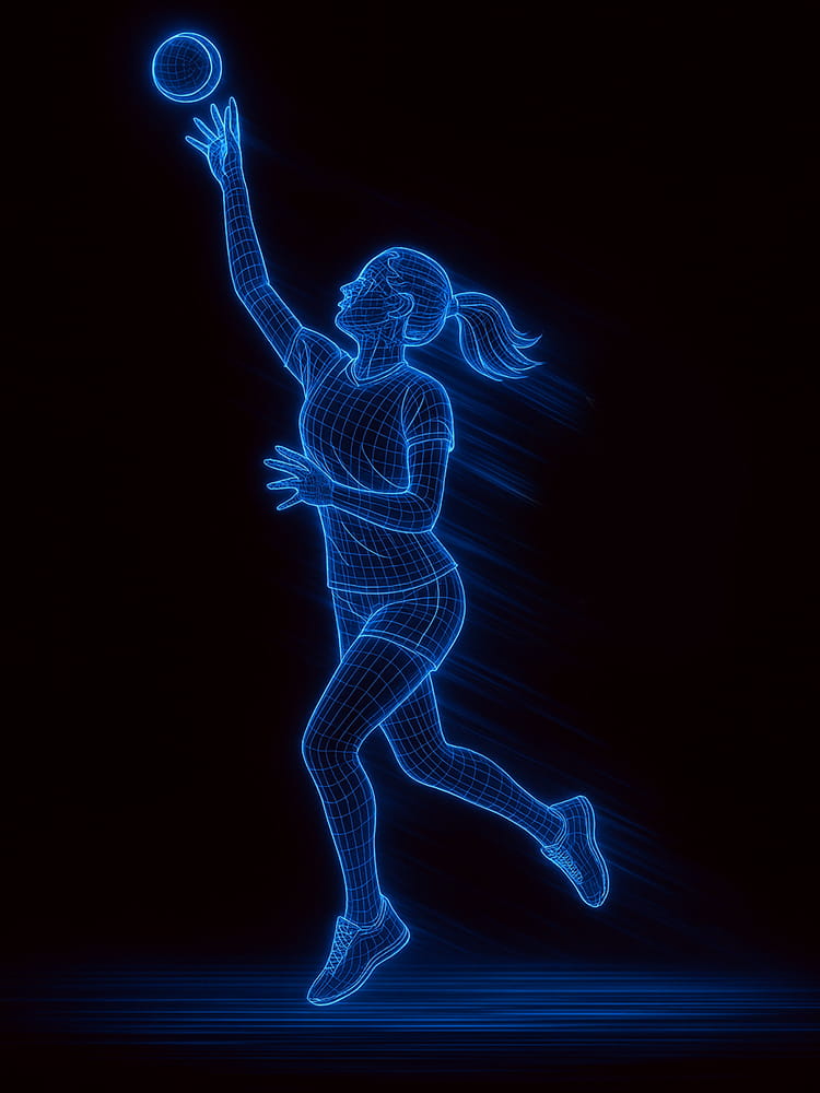 A neon wireframe illustration of a young female athlete performing a catching ability test jumping high off the ground to catch a ball