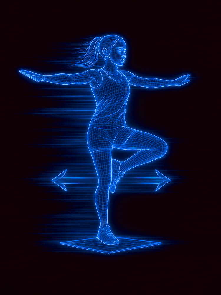 A neon wireframe illustration of a young female athlete performing a single leg stand or balance test