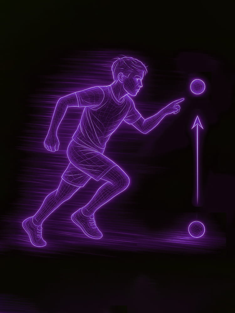 A neon wireframe illustration of a young male athlete trying to anticipate the direction of a ball in an athletic test