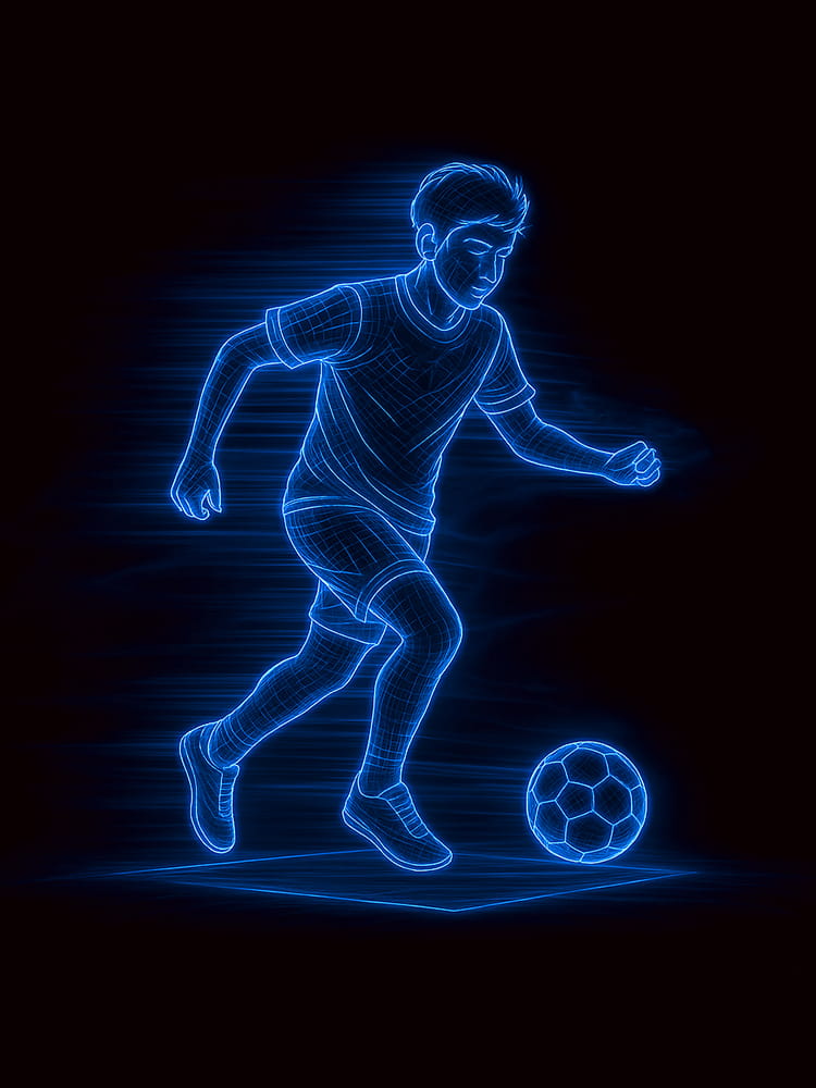 A neon wireframe illustration of a young male athlete controlling a ball with his feet in a foot-eye coordination test