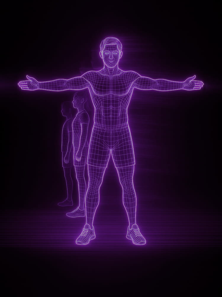 A neon wireframe illustration of a male athlete standing alongside two younger versions of himself, illustrating physical maturity progression over time